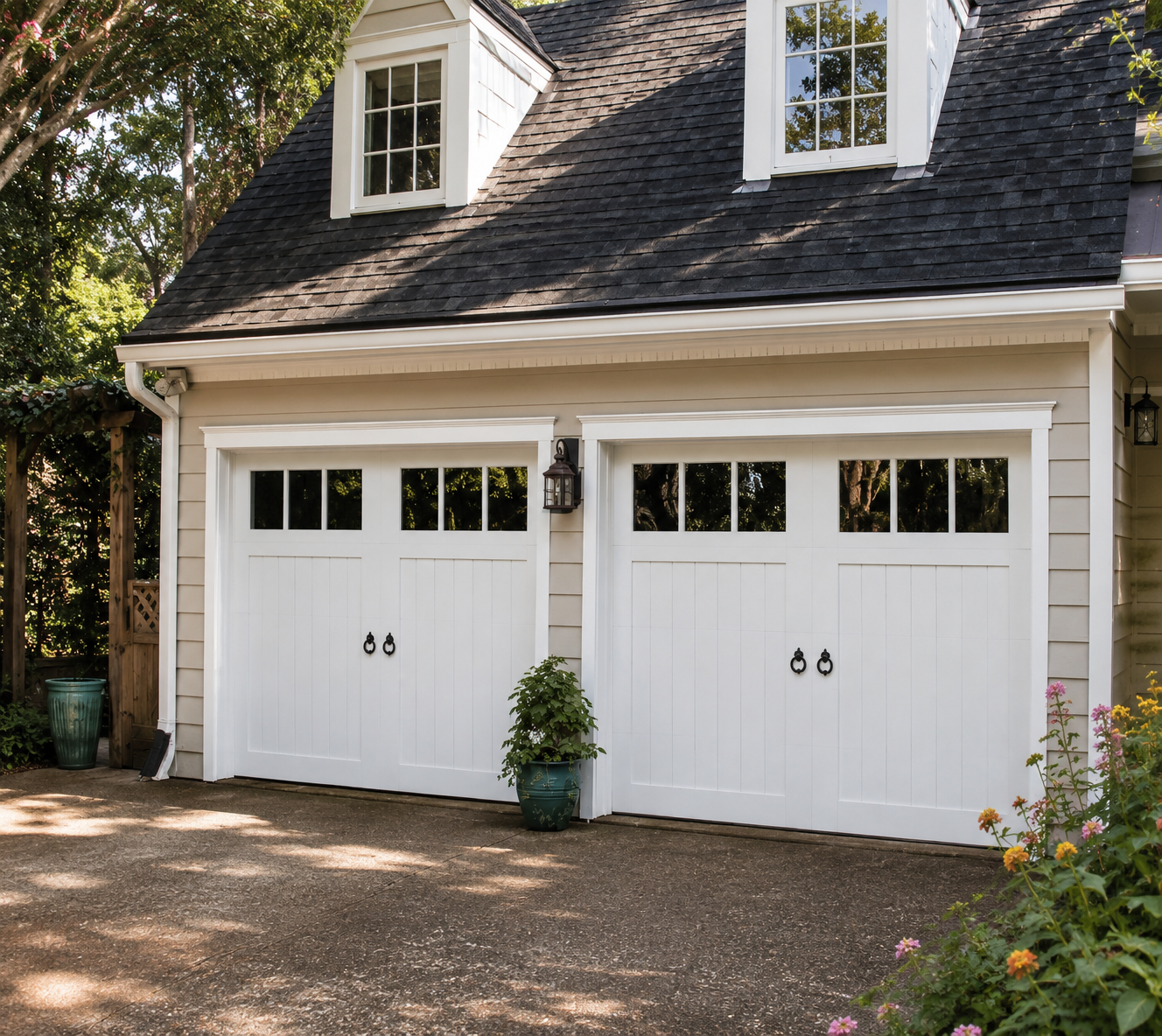 Carriage-house and craftsman garage door on a Rockridge bungalow in Oakland